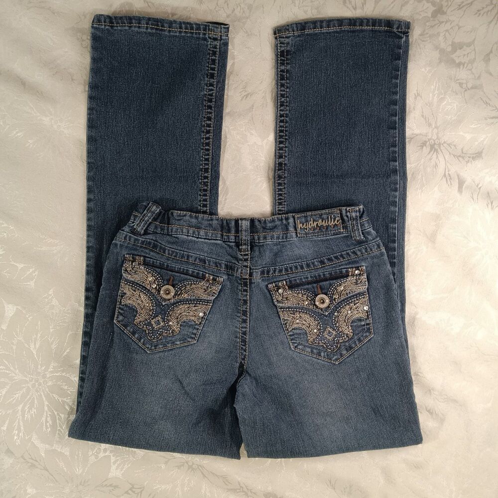 Hydraulic Jeans Girls 16 Blue BootFlare Stretch Embellished Adjustable Waist Y2K